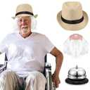 3 Pcs Set of Short White Curly Old Man Bald Head Wig Include Food Bell, Linen Hat, and Bald Wig Suitable for Halloween Cosplay Costume Adults Men Women
