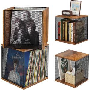 2 Cubes of Record Holder Shelf Storage Furniture - DIY Stackable 80-110 Vinyl Album Visualize Storage Box Cube - Natural Wooden Organizer Crate Cabinet