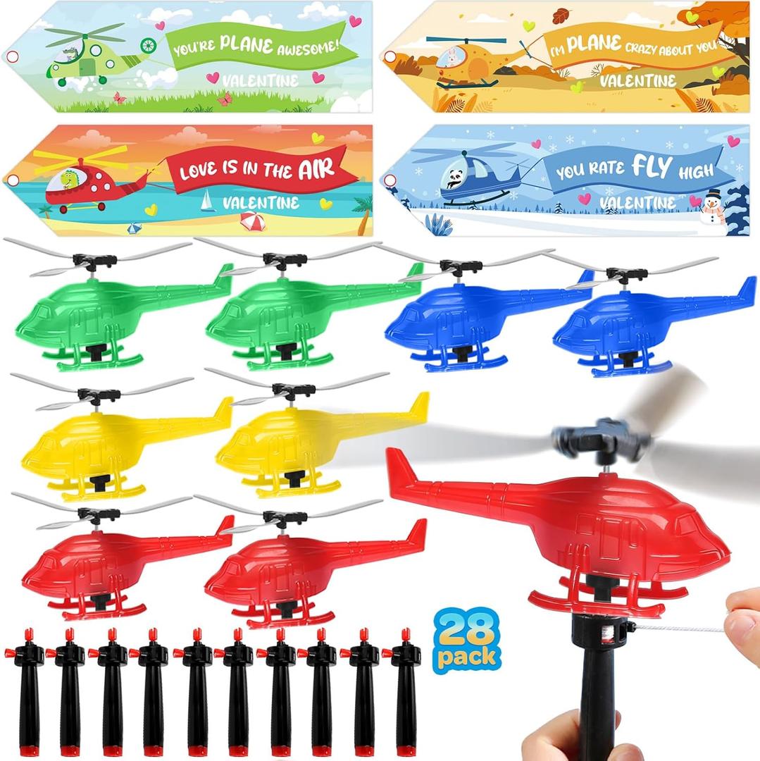 28 Pack Valentines Day Cards for Kids School with Flying Airplanes Set, Valentines Party Favors for Kids, Helicopter Launcher Toy, Valentines Day Gifts for School Classroom Exchange Prizes Boys Girls
