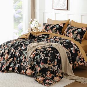 Mybedsoul Floral Queen Size Comforter Set, 7 Pieces Black Botanical Soft Bed in a Bag, Tree Branches & Birds Print Bedding Set with Sheets, Pillowcases & Shams for All Season (90"x90")