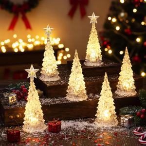 6 Pcs Acrylic Christmas Tree LED Crystal Mini Light up Tree Lighted Christmas Decorations Table Centerpiece Tabletop Figurine Festival Desktop Decor for Bedroom Table (5'',6'')