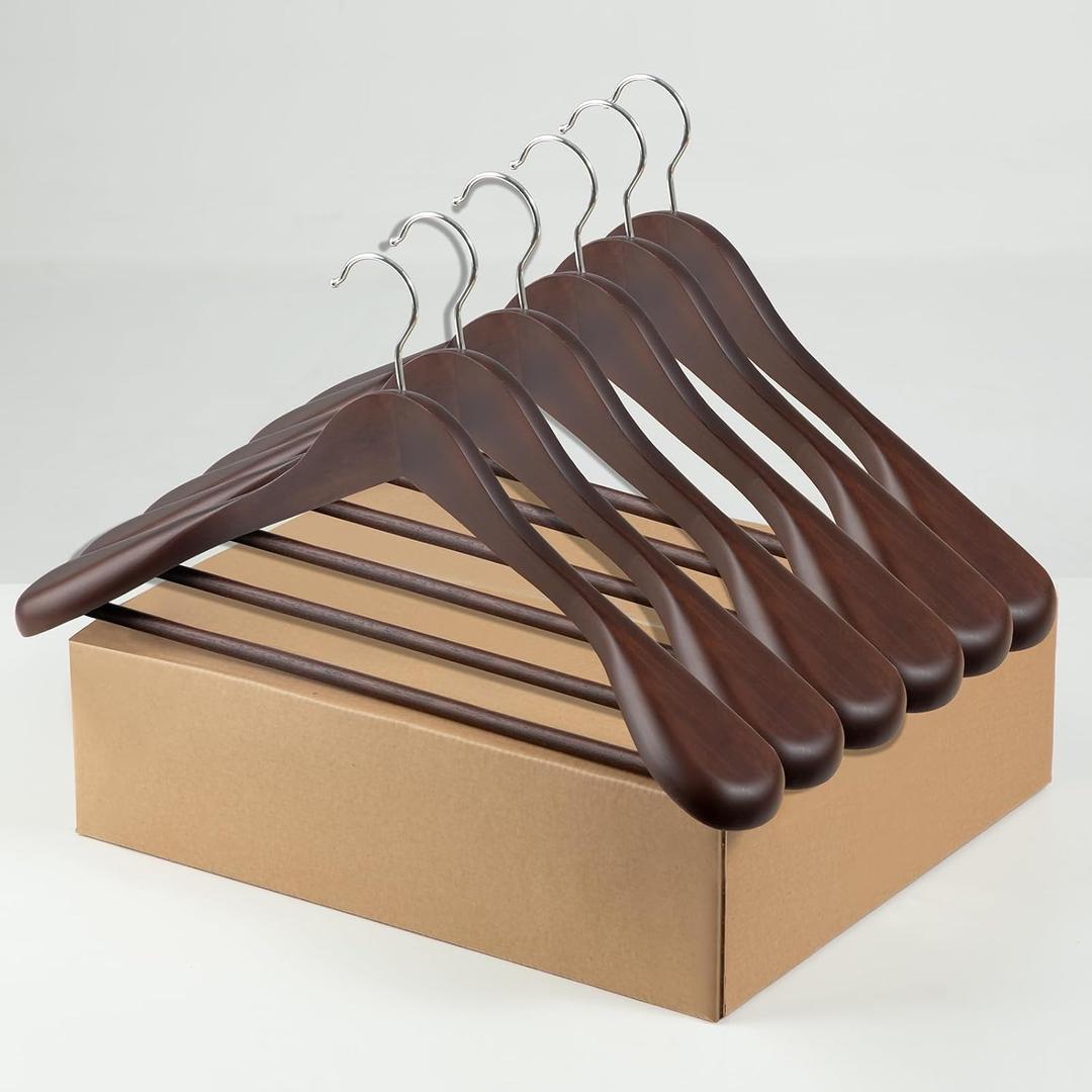 ELONG HOME Coat Hanger, 6 Pack Heavy Duty Wooden Hangers with Extra Wide Shoulder, 17.5" Luxury Suit Hanger for Closet, Walnut with 360 Swivel Hook & Strong Pant Bar