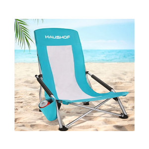 HAUSHOF High Back Beach Chair, Mesh Back Folding Chair, Lightweight Low Seat Camping Chairs with Cup Holder, Carry Bag, Padded Armrest for Outdoor Beach Lawn Camping Picnic Festival