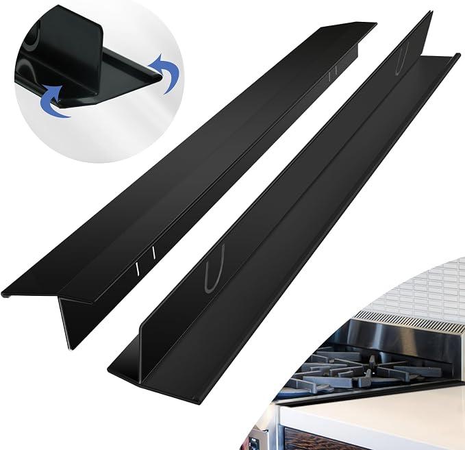 Stove Gap Covers Stainless Steel 2 Packs, 13.8~27.6 Inch Adjustable Heat Resistant Not Sharp Gap Filler, Easy to Clear Stove Counter Gap Cover Suitable for Even Surface (Black)