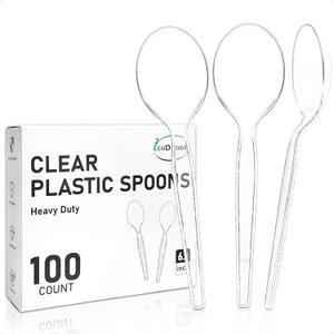 EcoDispose 100 Count Disposable Clear Plastic Spoons Heat Resistant and BPA Free, Heavy Duty Durable Disposable Cutlery for Party Event Supply