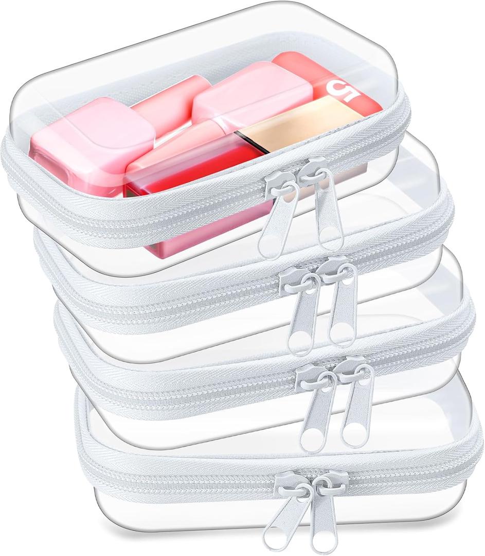Hoolerry 4 Pcs Hard Clear Zipper Case Makeup Bags Plastic Zipper Pouch Transparent Storage Box Containers for Cosmetics, Snacks, Building Blocks, Puzzles(Clear,5 x 3 x 2 in,White)