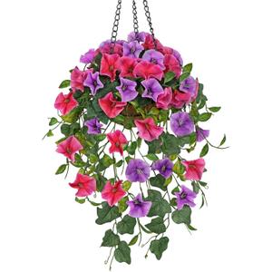 Briful Fake Hanging Flowers with Basket, Artificial Morning Glory Hanging Plants Faux Spring Flowers for Outdoor Front Door Patio Garden Balcony Home Decoration(Pink Purple)