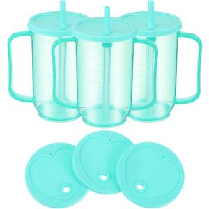 3 Pcs Adult Sippy Cups for Elderly 12 oz Plastic Spill Proof Cups with 2 Handles Staws and Lid for Adults Hospital Disabled Dysphagia Patients (Blue)