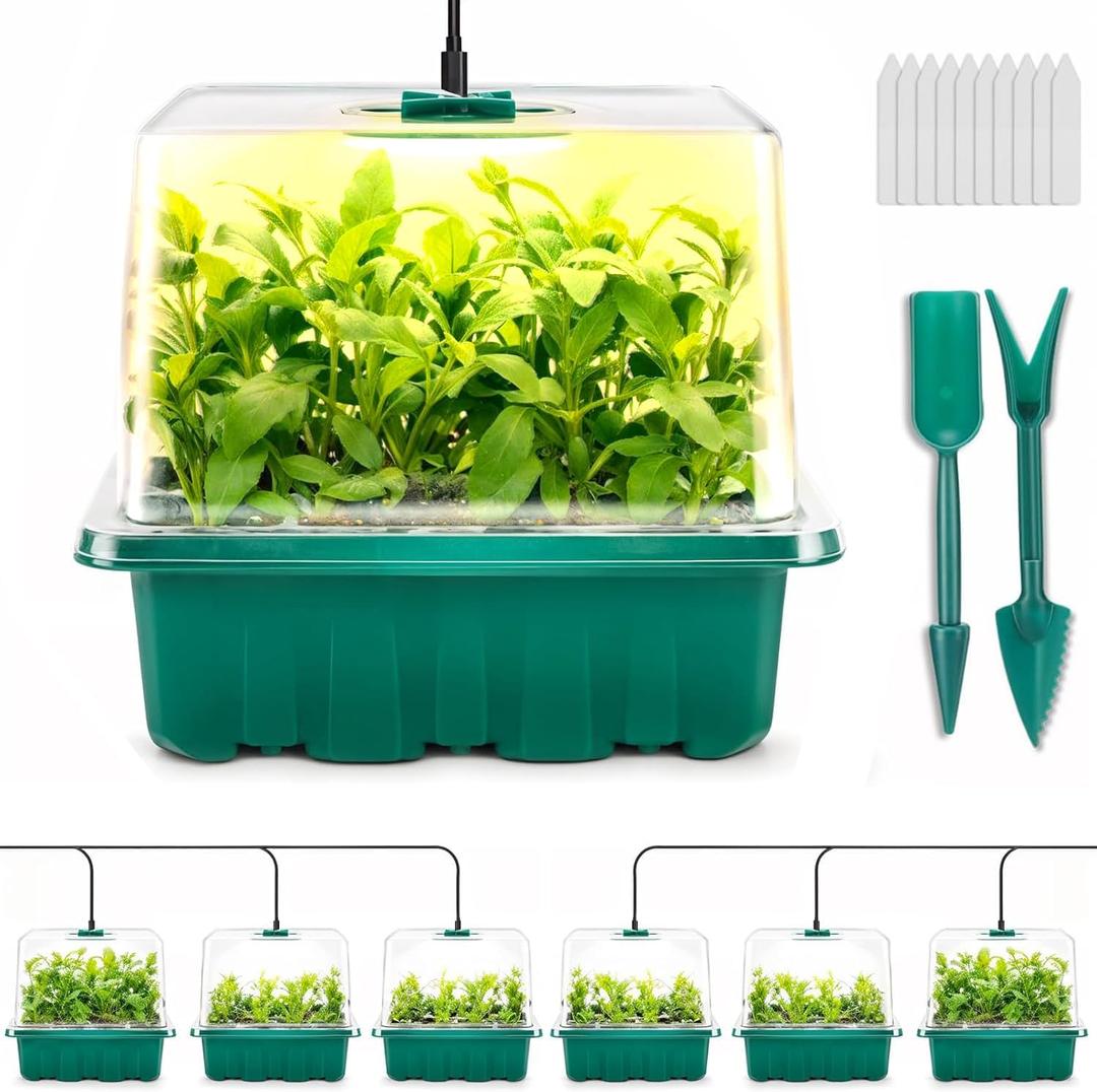 Seed Starter Tray with Grow Light, 6pcs Seed Starter Kits with Light and Adjustable Humidity Domes, Covers Height 3.9", Indoor Seedling Starter Plant Germination Trays (Green-Warm White)