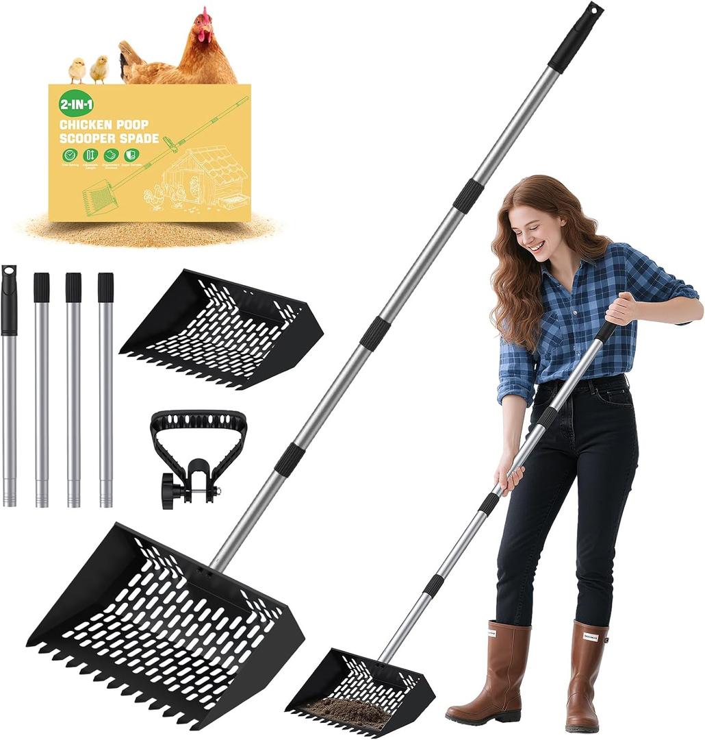 Chicken Poop Scooper for Sand 2-in-1, Heavy Duty Chicken Scooper for Poop with 35" to 65" Stainless Steel Handle, Chicken Coop Scooper Rake, Litter Scooper Sand Sifting Shovel for Chicken Coops & Pet