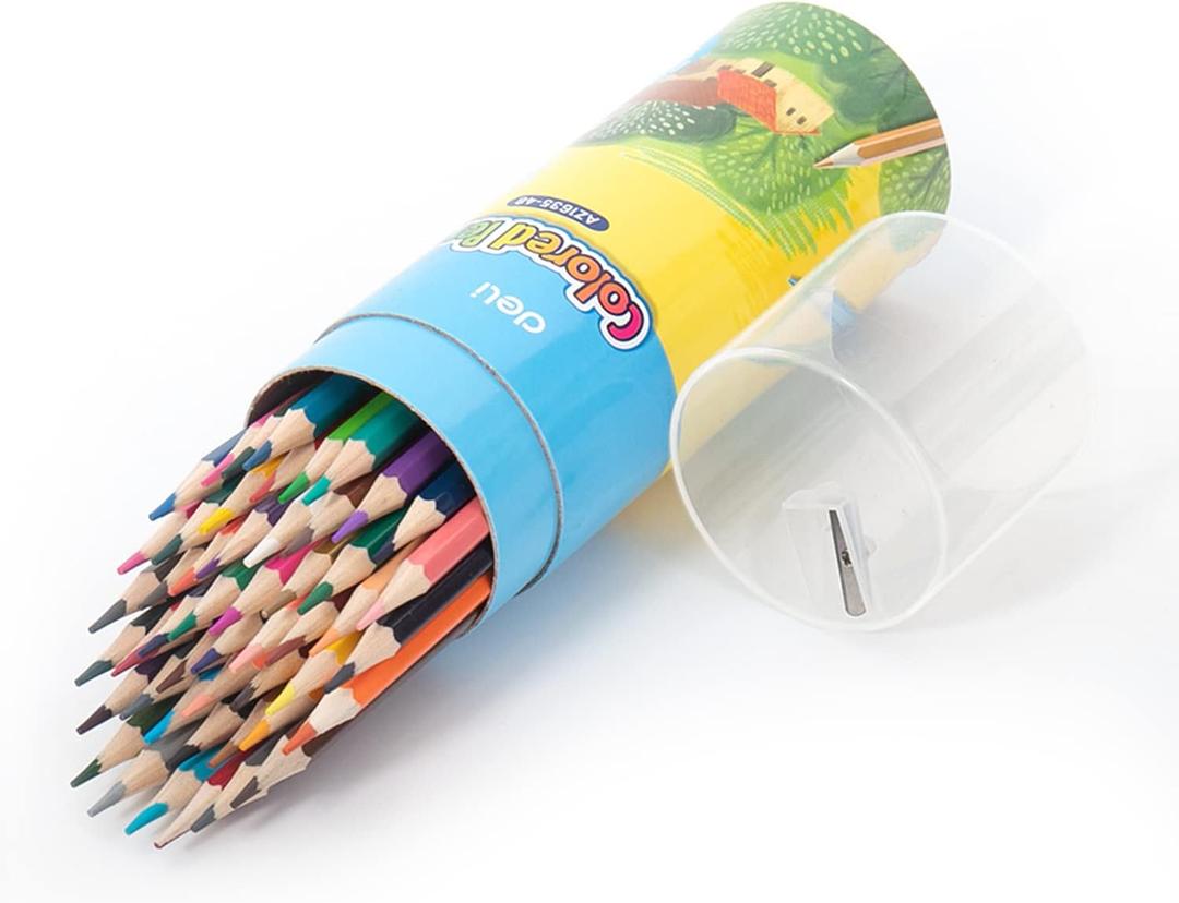 Deli 48 Pack Colored Pencils with Built-in Sharpener in Tube Cap, Vibrant Color Presharpened Pencils for School Kids Teachers, Soft Core Art Drawing Pencils for Coloring, Sketching, and Painting