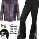 Mepase 70s Disco Outfit Costume Bell Bottom Pants Shirts Wigs Necklace Mustache Disco Party (S(height44-54 in), As Shown in Picture)