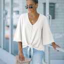 luvamia Women's Casual V Neck Tops 3/4 Sleeve Tie Knot Blouses Solid Button Down Shirts (White, XXXL)