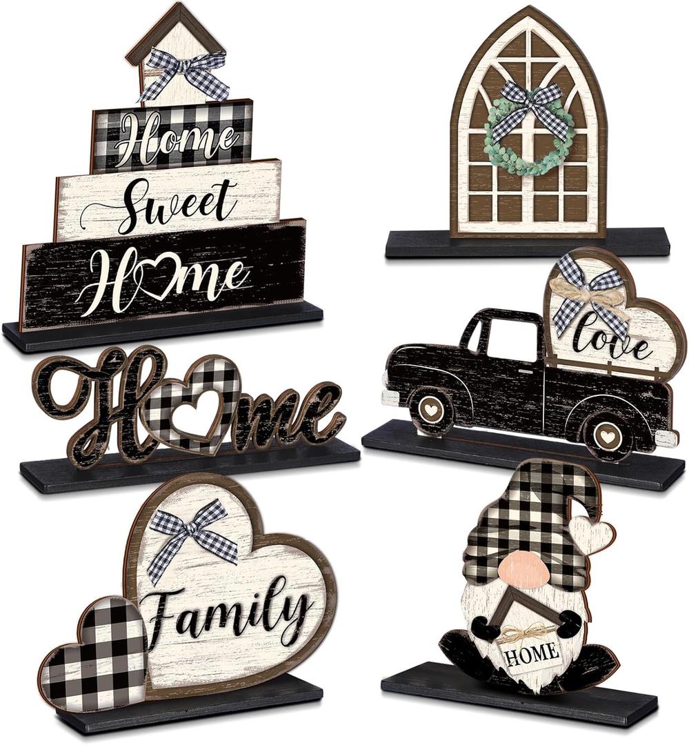 6 Pcs Farmhouse Table Decorations Home Sweet Home Tabletop Centerpiece Wooden Black and White Plaid Table Topper Signs for Kitchen Shelf Desk Decor Housewarming Gifts Holiday Party Supplies