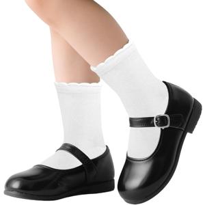 5 Pairs White Dressy Textured Short Socks Scallop Top Ankle Socks Premium Combed Cotton Cute Ruffle Stokings for Girls Casual Office Gifts Choice (White)