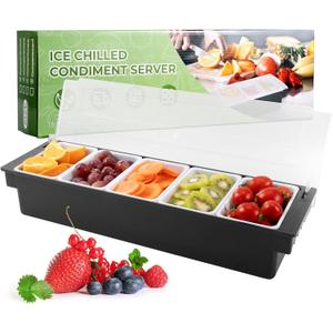 WICHEMI Fruit, Veggie & Condiment Caddy with Lid Dispenser Tray Plastic Garnish Station for Bartending & Serving Taco, Ice Cream, Salad Bar - Topping Organizer for Restaurant Supplies (5 Compartment)