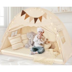 Full Size Bed Tent Canopy, Kids Play Tent with Flags & Star Lights, Canopy on Bed Privacy Space Sleeping Blackout Tents, Indoor Breathable Portable & Foldable, XL Large Cream Castle Style (78.7 x 56.3 x 51.2 in)