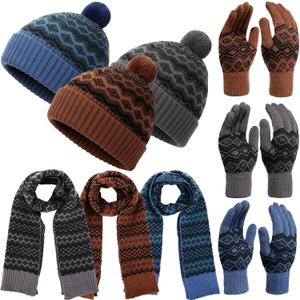 12 Pcs Winter Beanie Hat Scarf Gloves Set for Men Women Winter Warmer Gift Poms Knit Beanie Long Scarf Gloves (Classic Color)