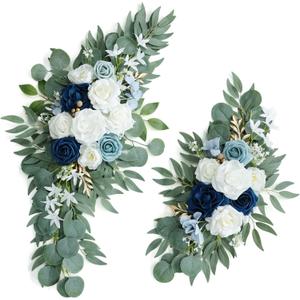 Artificial Dusty Blue Wedding Arch Flower Swags Set of 2 for Welcome Signs Floral and Wedding Reception Ceremony Decorations, White Flowers Decor