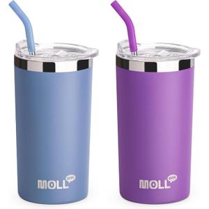 Mollcity Tumbler with Lids and Straws 12 oz Stainless Steel Double Wall Vacuum Insulated Skinny Tumbler for Girls, Leak Proof and BPA Free (Purple Pink-Blue)