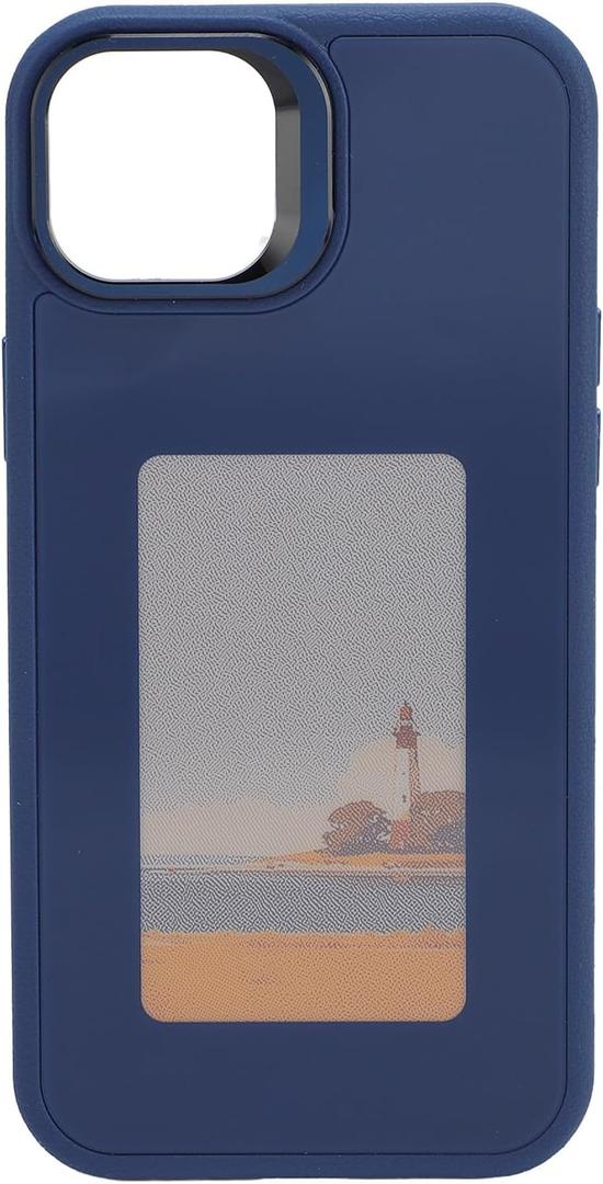 BowyTrading Ink Screen Phone Case DIY NFC Photo Display, Smart Ink Phone Case, Anti Drop TPU Protective Case with Adjustable Aluminum Alloy Lens Support Frame for iPhone 14Plus, Personalized (Blue)