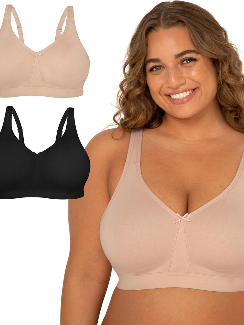 Fruit of the Loom Women's Fit for Me Collection: Plus-Size Wireless Bra - Soft Cotton Comfort & Support (38DD, Sand/Black Hue)