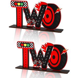 2pcs Race Car Theme 2nd Birthday Table Centerpiece, Car Theme Party Sign Decorations Wooden Table Decor for Boys Two Birthday Celebration Photo Props Party Supplies