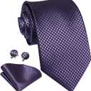 Dubulle Mens Tie Set Solid Paisley Silk Striped Necktie for Men with Cufflinks Tie and Pocket Square (Dark Purple)