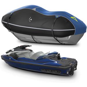 LIBZAKI Jet Ski Cover PWC Cover 1-2 Seats Heavy Duty Waterproof 600D UV Resistant Fits for Yamaha Sea-Doo Kawasaki up to 100~111" Blue/Black
