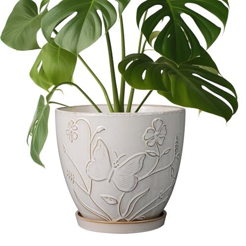 MPotTo 8 Inch Ceramic Pots for Plants Large Planter Pot with Drainage Hole and Saucer Round Flower Pot for Indoor Outdoor Decor, White