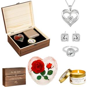 Preserved Roses with Heart Necklace & Candle, Mothers Day Gifts for Mom Eternal Flowers Rose Birthday Gifts for Women Girlfriend Wife Mom, To My Love Unique Gift On Mothers Day Anniversary