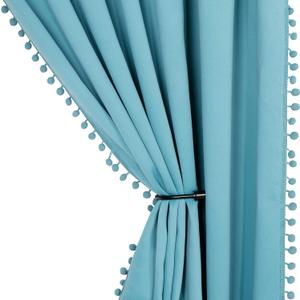 LORDTEX Pom Pom Blackout Curtains for Bedroom, 42 x 95 inch, Teal, Set of 2 Panels - Thermal Insulated Curtains, Sun Light Blocking Rod/Pole Pocket Window Drapes for Living Room