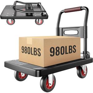 Upgraded Foldable Push Cart Dolly | 980 lbs. Capacity Moving Platform Hand Truck | Heavy Duty Space Saving Collapsible | 5 TPR 360-Degree Silent Wheels | 2 Swivel Wheels and 2 Rigid Wheels