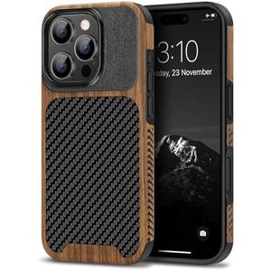 TENDLIN Compatible with iPhone 16 Pro Phone Case Wood Grain with Carbon Fiber Texture Design Leather Hybrid Slim Case (Black)