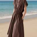 Sleeveless V Neck Midi Dress for Women Casual Summer Solid Smocked Waist A Line Flowy Dresses with Pockets (Brown, L)