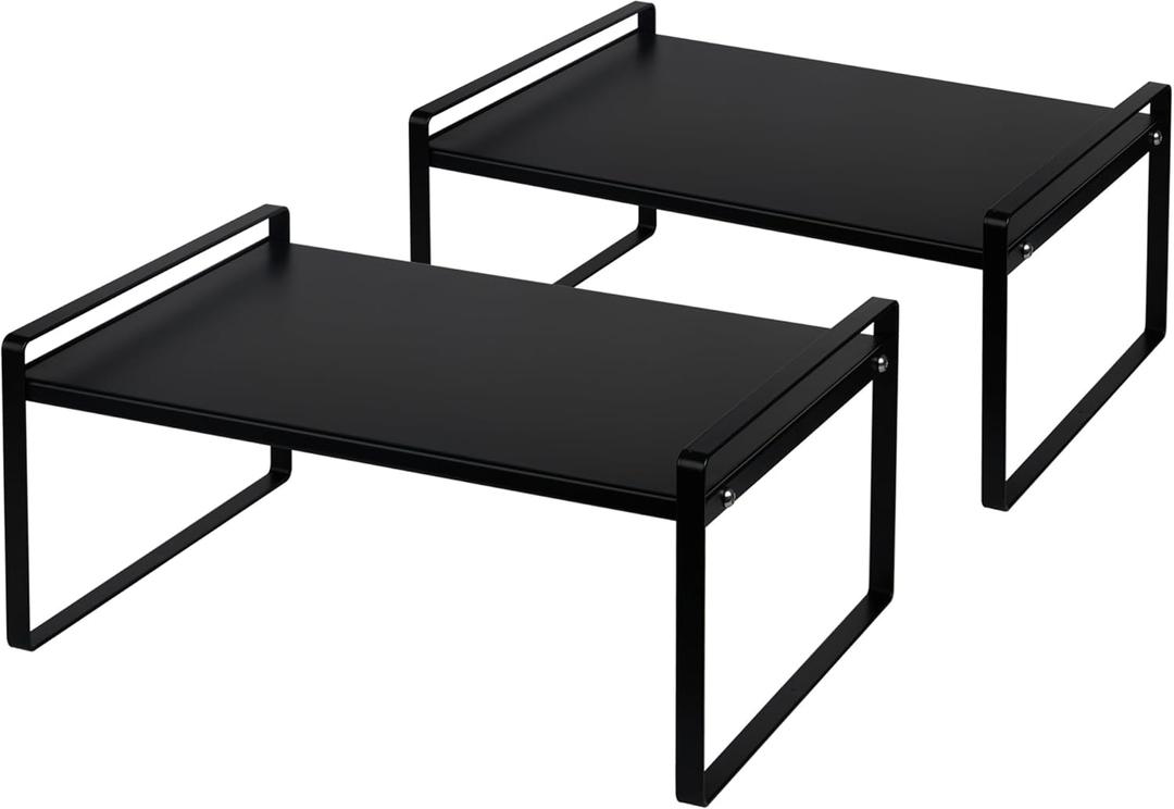 Nxconsu 2Pack Cabinet Shelves Stackable Shelf Organizer Rack Riser for Kitchen Cabinet Pantry Cupboard Counter Countertop Home Organization Storage Space Saver Heavy Duty Metal Nonslip Black Wide (12D * 16.1W * 7.3H)
