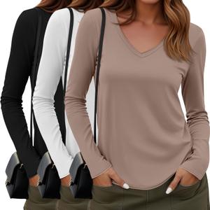 Sweetyweee 3 Pack Women's Long Sleeve Shirts Cotton V Neck Casual Tops Roll Hem Lightweight Basic Tee Soft 2026 Trendy Outfit (Large, Black, Khaki, White)