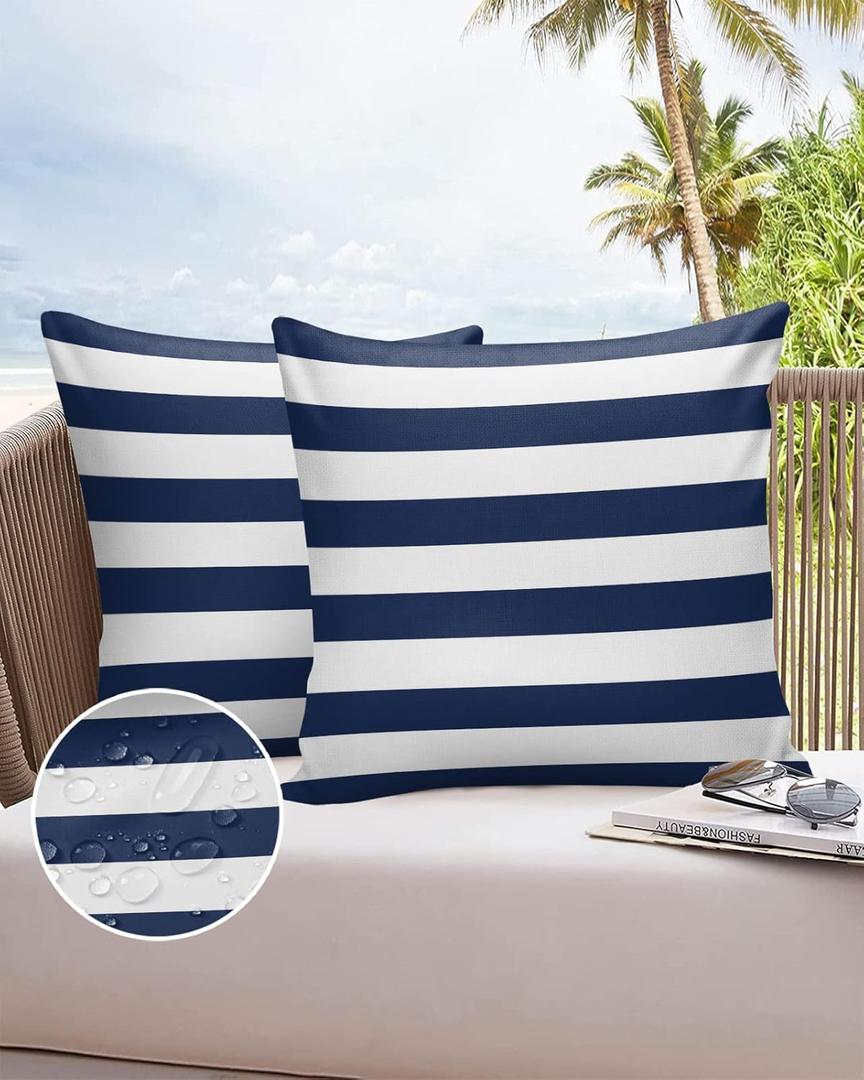 Outdoor Throw Pillow Cover Simple Navy Blue White Stripes Waterproof Cushion Covers 2 Pack Nautical Theme Stripe Pillow Cases Home Decoration for Patio Garden Couch Sofa 16x16 In White/Blue