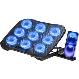 TECKNET Laptop Cooling Pad with Phone Stand, 9 Quiet Fans with LED Lights, 5 Height Adjustable & 2 USB Ports, Stepless Speed Control to 2600 RPM Laptop Cooler, Laptop Cooling Stand for 12-17.3 Inch