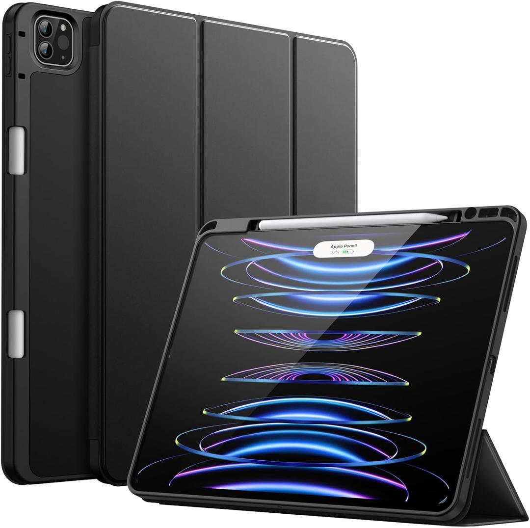 JETech Case for iPad Pro 12.9-Inch (6th/ 5th Generation, 2022/ 2021 Model) with Pencil Holder, Support 2nd Pencil Charging, Slim Tablet Cover with Soft TPU Back, Auto Wake/ Sleep (Black)