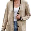 CiCiBird Womens Color Block Cardigan Sweater Fall Button Down Open Front Coatigan Soft Knit Coat with Pocket (L)