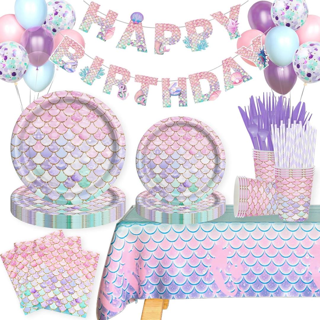 Mermaid Birthday Party Supplies Set, Little Mermaid Birthday Decorations with Tableware, Mermaid Themed Balloon Banner Plates Napkins Cups Forks for Girls Under the Sea Birthday