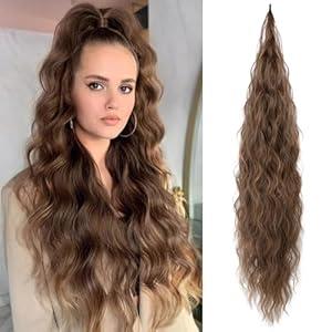 Flufymooz Ponytail Extension, Flexible Wrap Around Ponytail Extension Long Wavy Curly Ponytail Hair Extensions Natural pony tail Synthetic Hairpiece for Women 32 Inch (Brown with Auburn)
