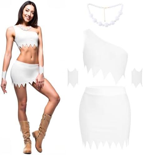 Ramede 5 Pcs Costume for Women Top Skirt Necklace Sleeves Halloween Cave Outfit Cosplay Costume Accessories M