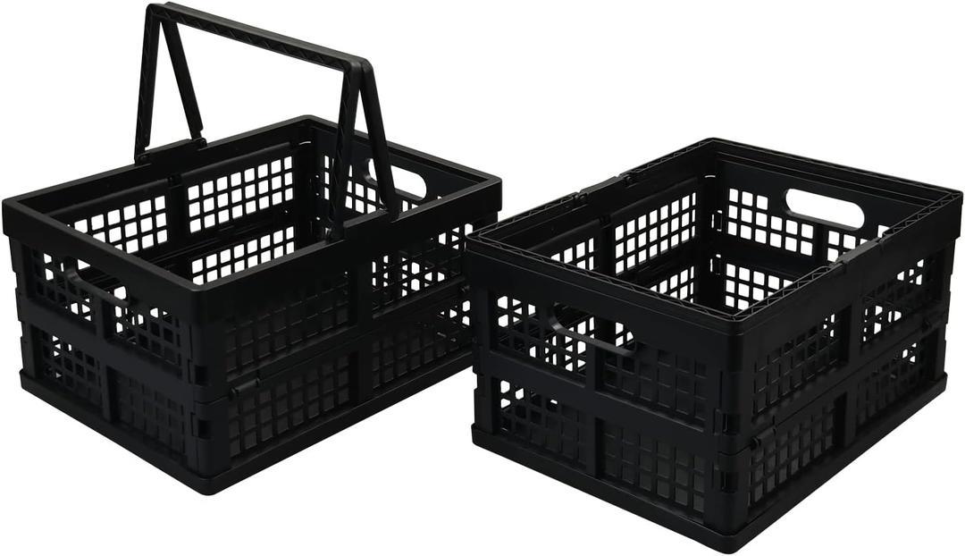 2-Pack Collapsible Plastic Crate, 15 L Stackable Folding Crates with Handle, Black