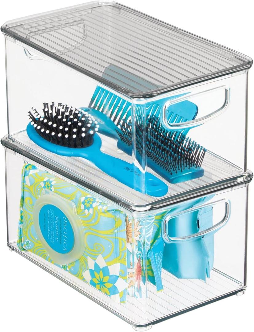 mDesign Deep Plastic Bathroom Storage Bin Box, Lid/Built-in Handles, Organization for Makeup, Hair Styling Tools, Toiletry Accessories in Cabinet, Shelves, Ligne Collection, 2 Pack, Clear/Smoke Gray