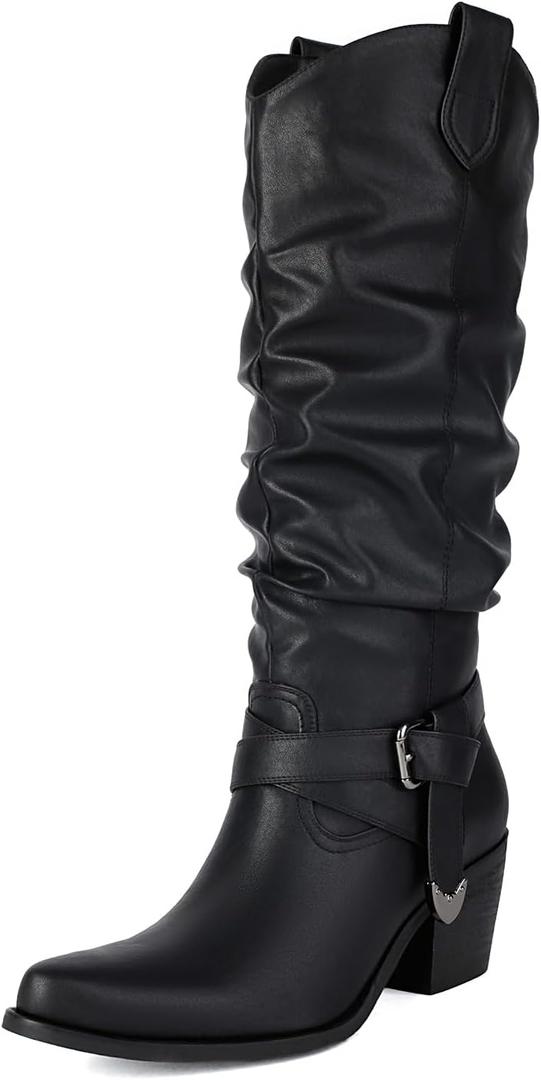 UTIKLIOU Women's Knee High Boots Wide Calf Slouchy Boots Low Heel Pull On Round Toe (6, Black-1)
