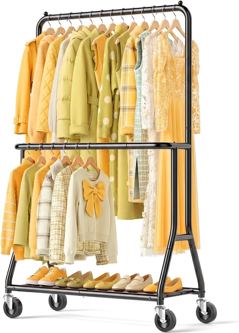 EAGMAK Heavy Duty Clothes Rack with Wheels, Double Rod, 655 lb, Black
