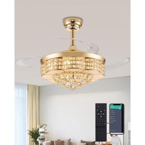 36" Retractable Chandelier Ceiling Fan with Lights, Crystal Dimmable Fandelier Ceiling Fan with Light and Remote for Bedroom Living Room,Gold