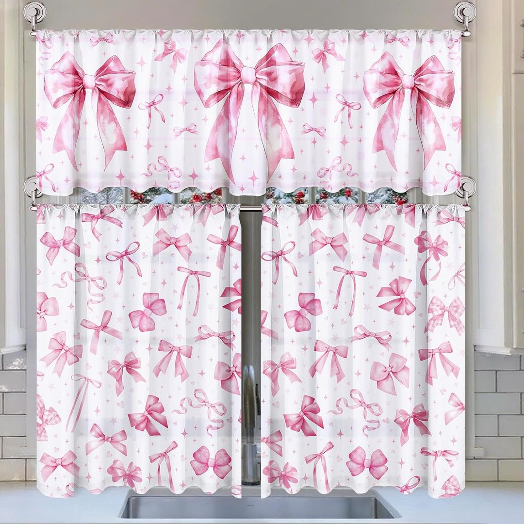 Breling 3 Pcs Pink Bow Kitchen Curtains Valances and Tiers Set for Windows Pink Bow Knot Coquette Decor Short Curtain Set for Bedroom Window Treatment Decor Wedding Party Favor Supplies